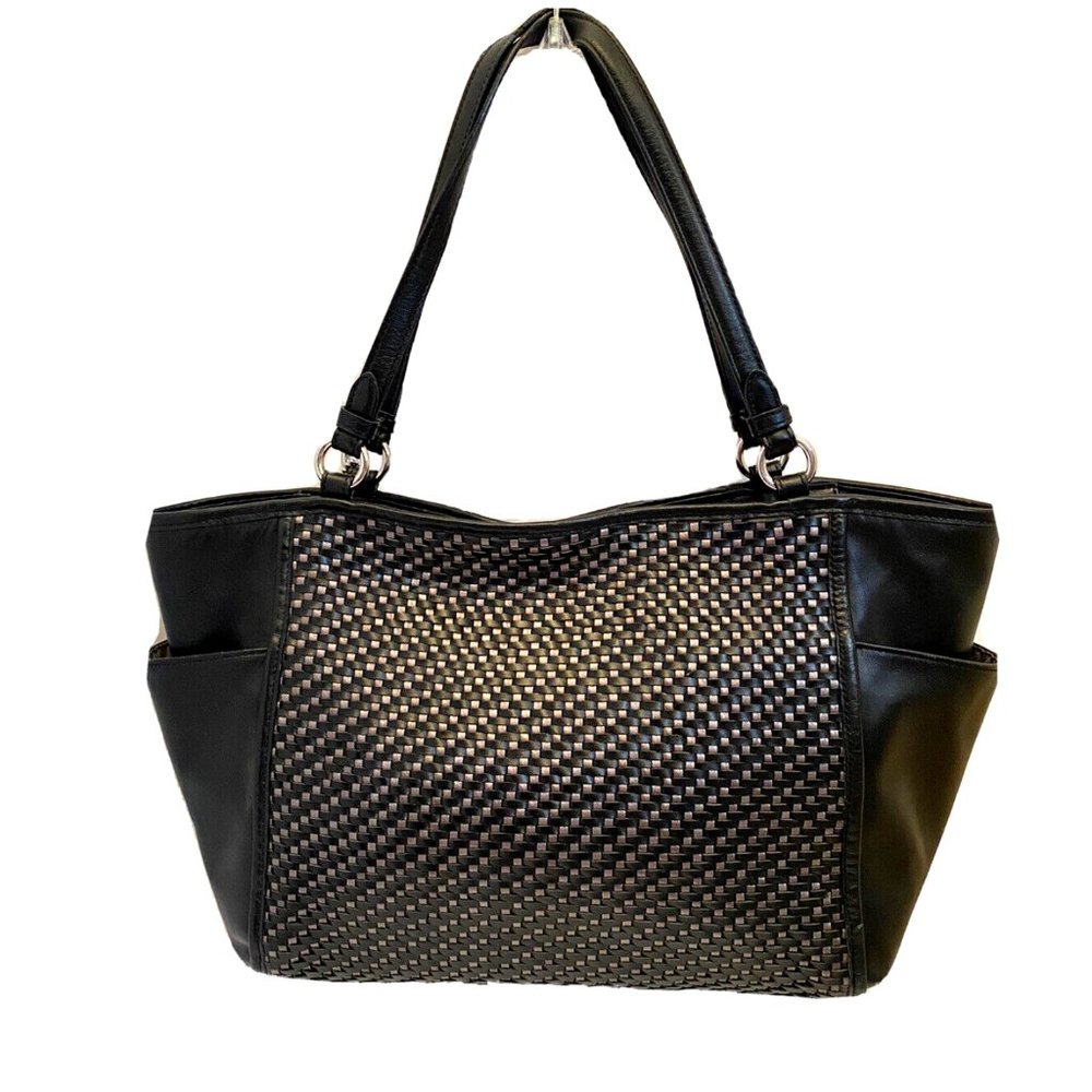 COACH Park Woven Leather Shoulder Bag Tote Black Silver Top Zip